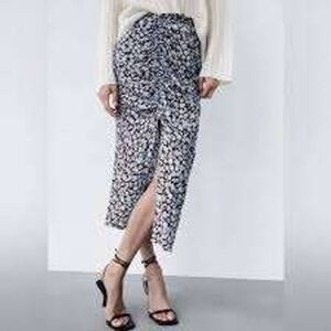 ZARA Floral Ruched Midi‎ Skirt Blue Brown Ditsy Print Elastic Waist - Size L